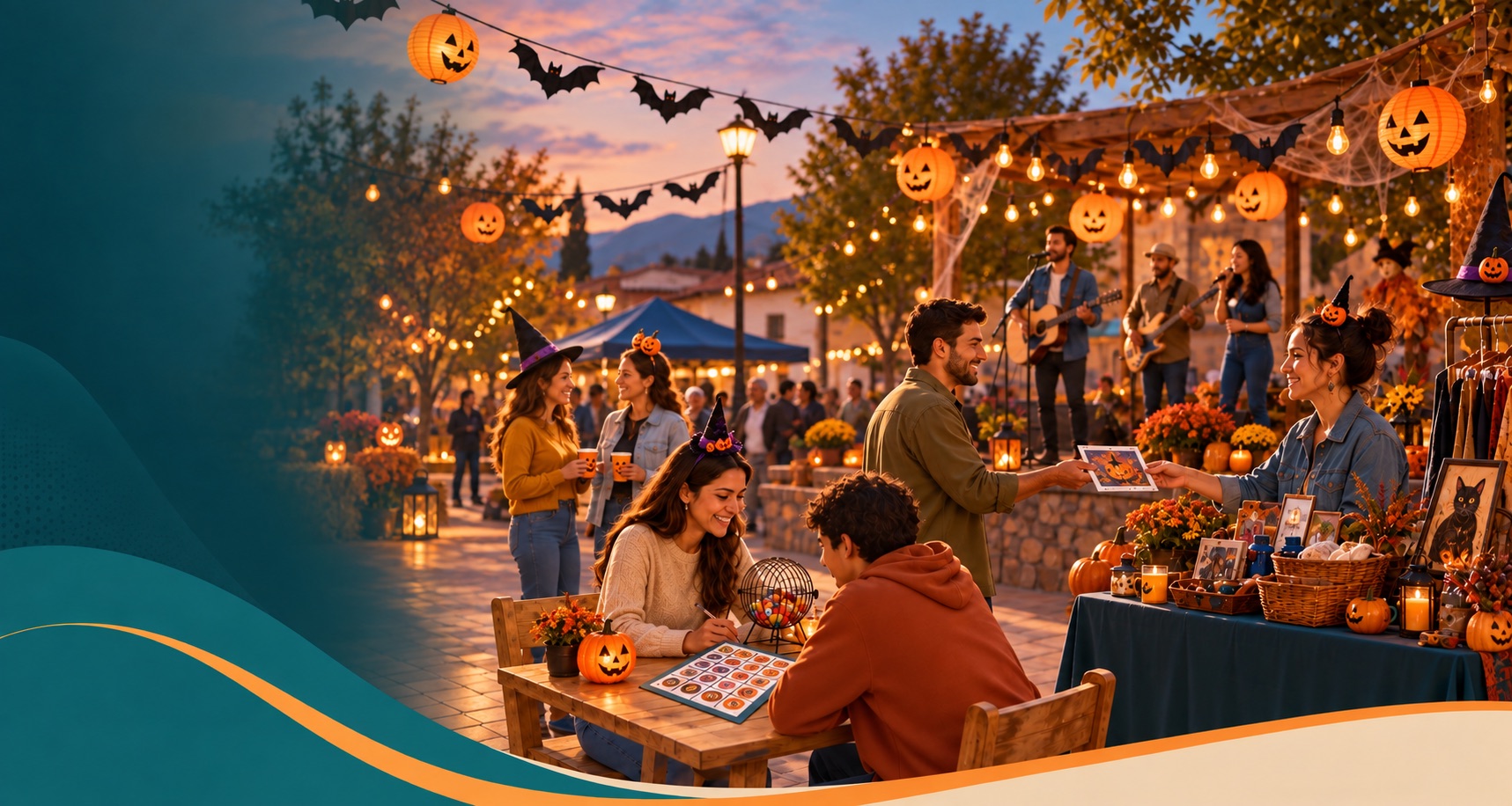 Encuentro comunitario con m&uacute;sica y decoraci&oacute;n de Halloween